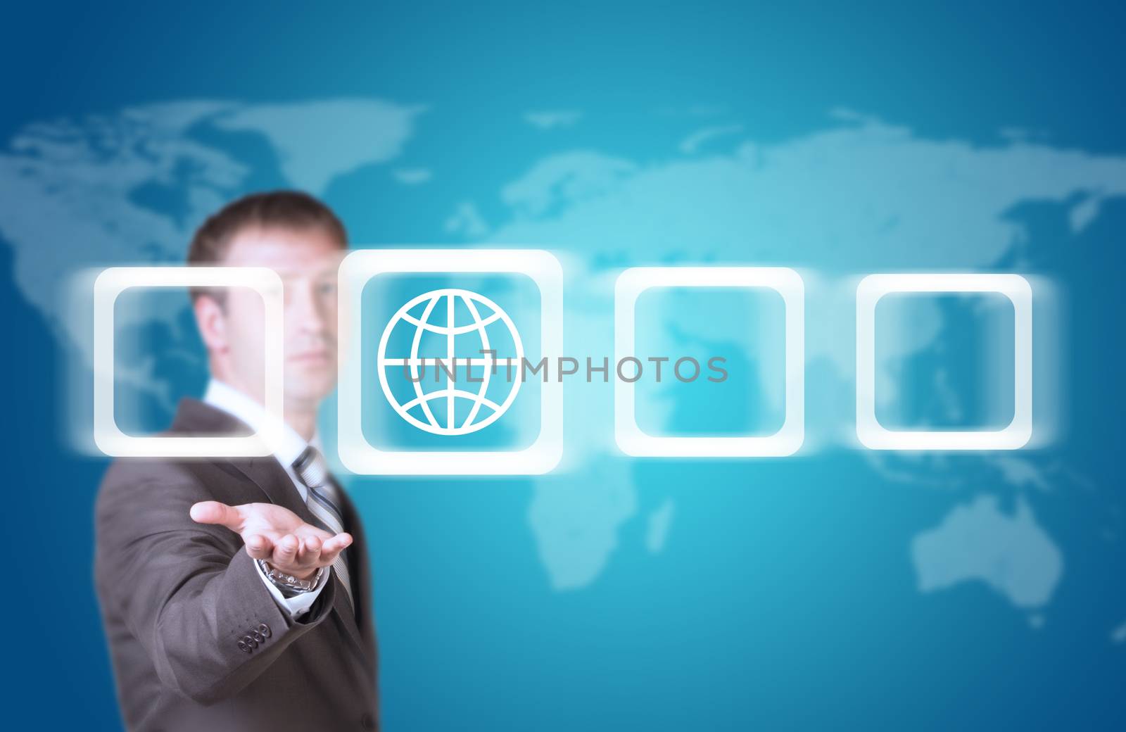 Business man hold frame with globe in hand. World map as backdrop