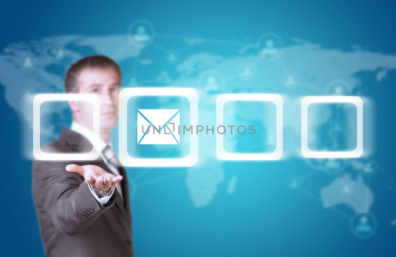 Business man hold frame with envelope in hand. World map as backdrop