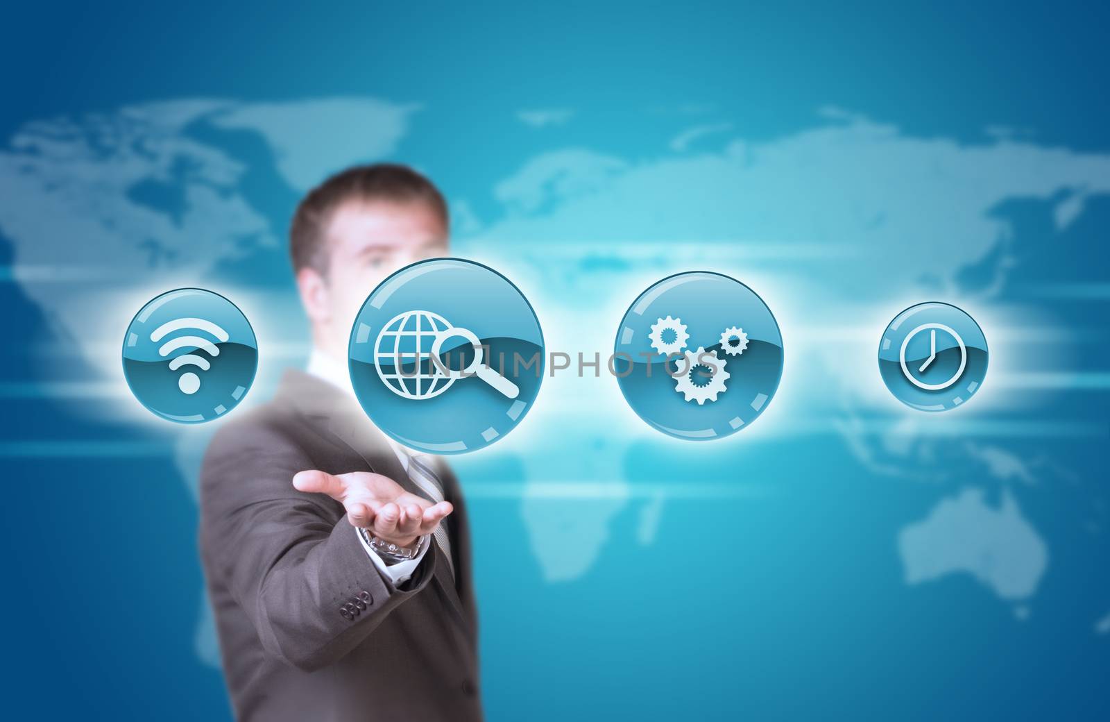 Business man hold blue application icons in hand by cherezoff