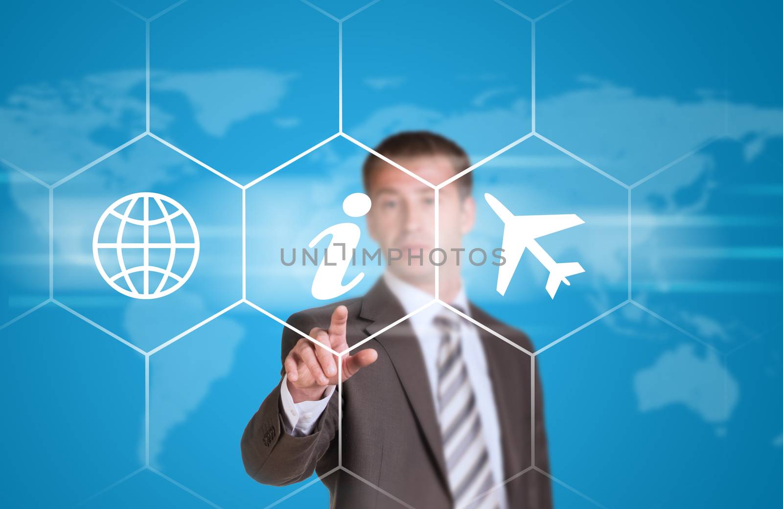 Business man pointing her finger at icons. Technology concept. World map as backdrop