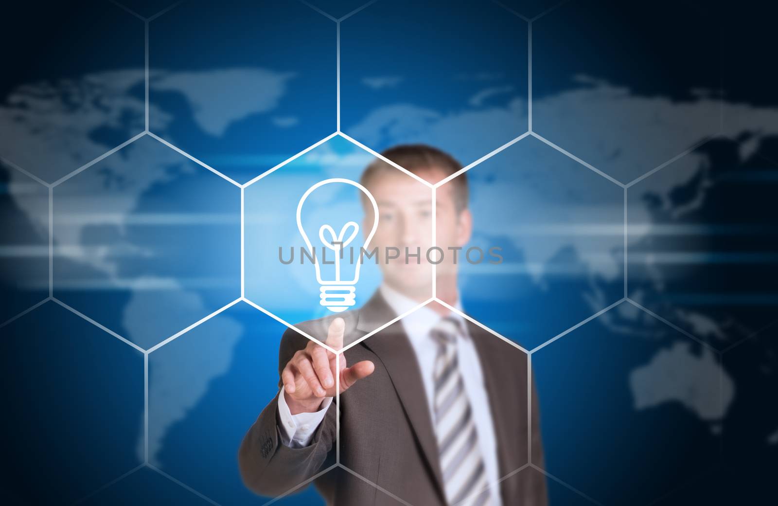 Business man pointing her finger at light bulb icon by cherezoff