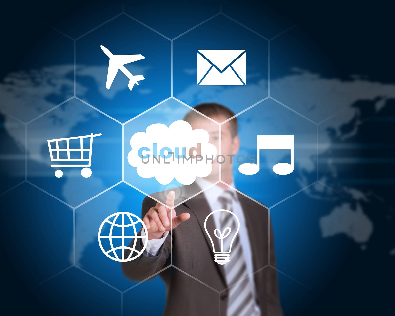 Business man pointing her finger at cloud with icons by cherezoff