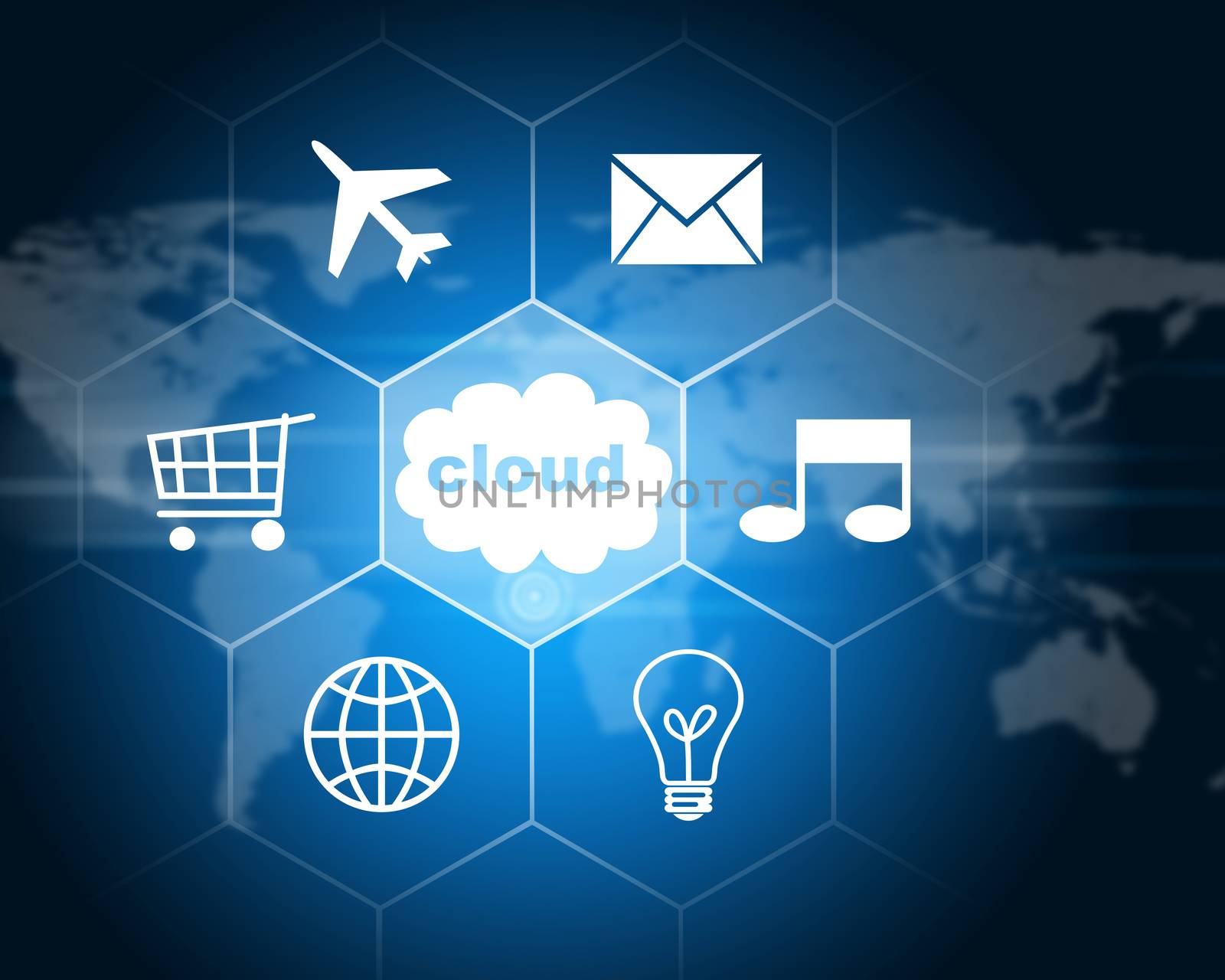Cloud with icons. Technology concept. World map as backdrop