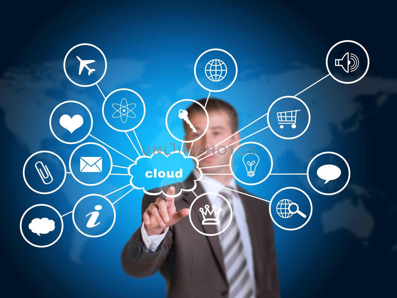 Business man pointing her finger at cloud with computer icons. Technology concept. World map as backdrop