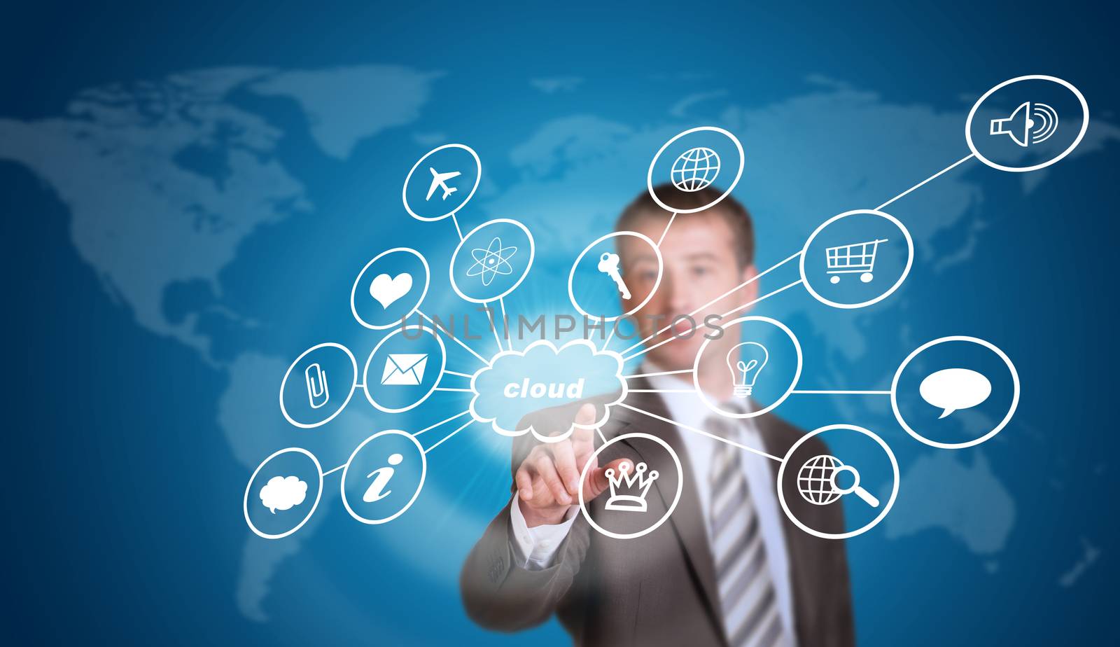 Business man pointing her finger at cloud with computer icons by cherezoff