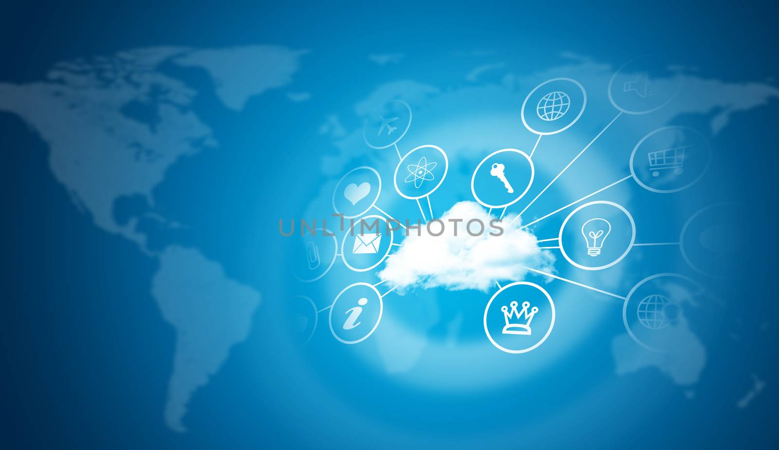 Cloud with computer icons. Technology concept. World map as backdrop