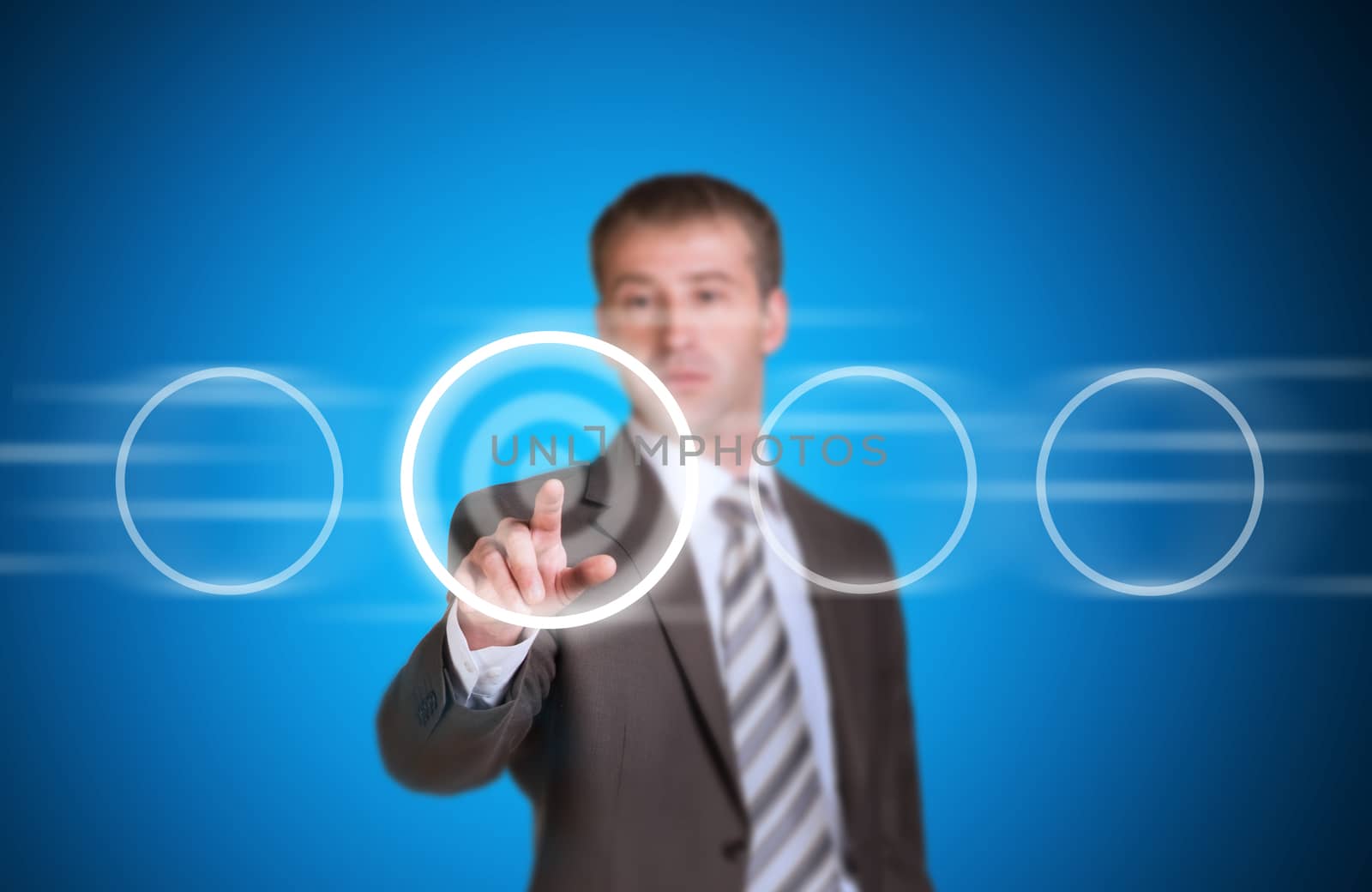 Businessman in suit pointing her finger at the empty circle frame. Business concept