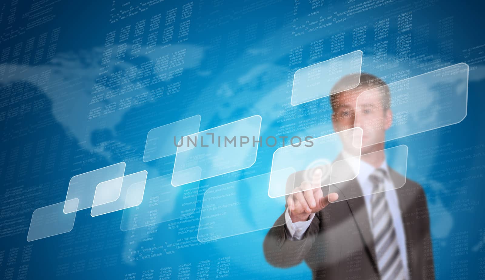 Businessman in a suit pointing her finger at the empty frame by cherezoff