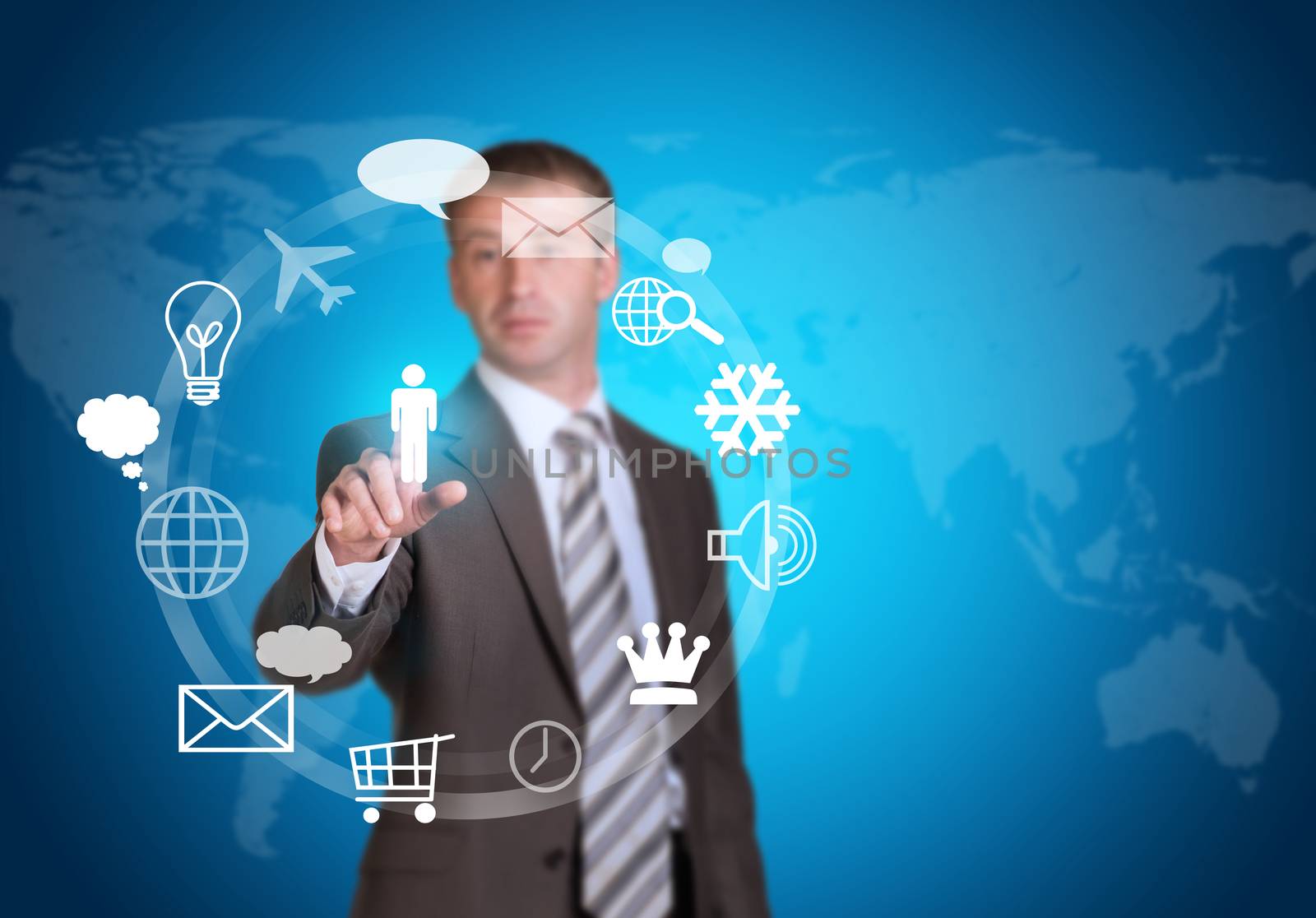 Businessman in suit pointing her finger at cloud icons. World map as backdrop