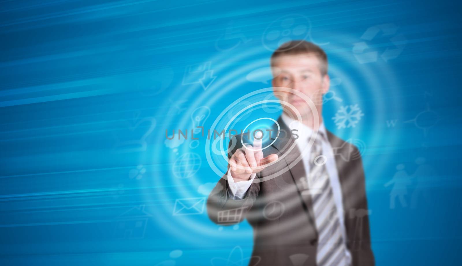 Businessman in suit pointing her finger at the circle frame. World map as backdrop