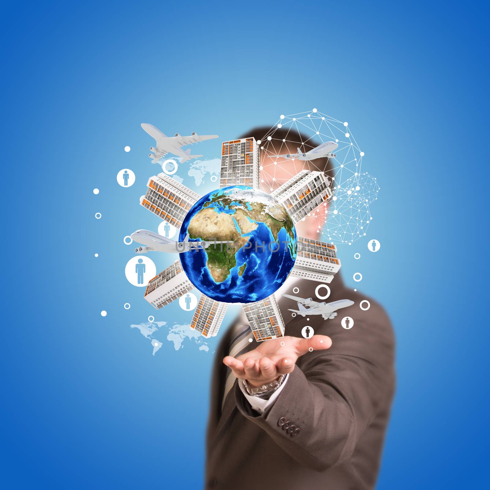 Business man hold Earth with buildings. Airplane and network icons by cherezoff