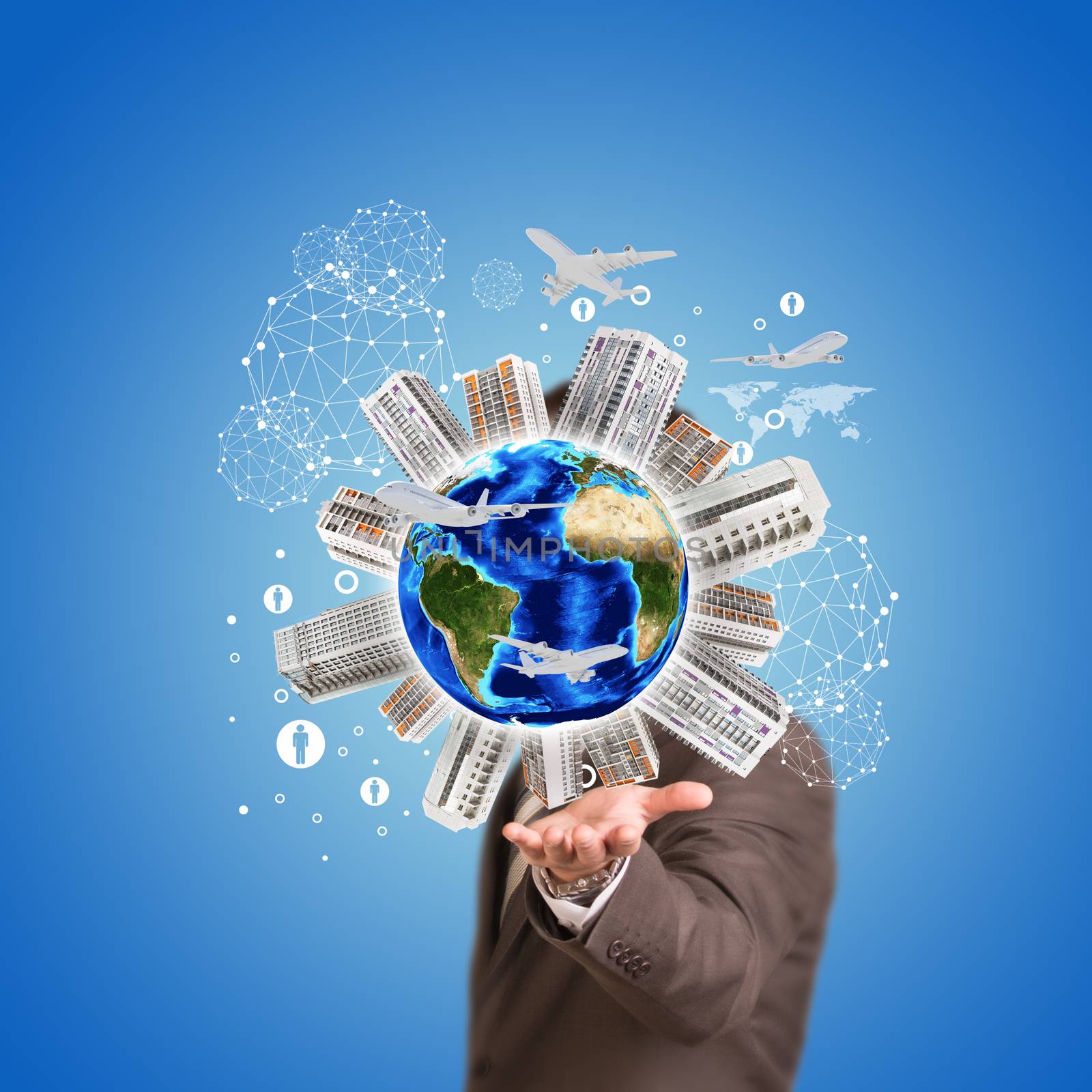 Business man hold Earth with buildings. Airplane and network icons by cherezoff