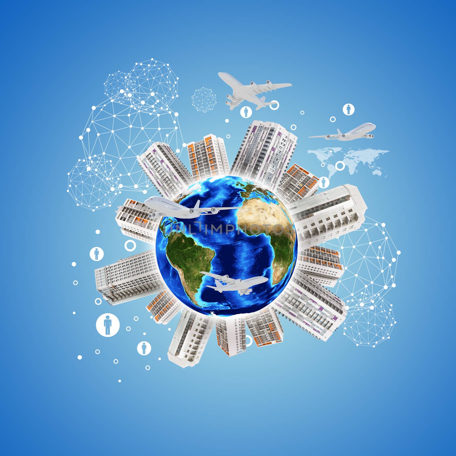 Earth planet image with buildings on surface. Airplane and network icons. Elements of this image are furnished by NASA