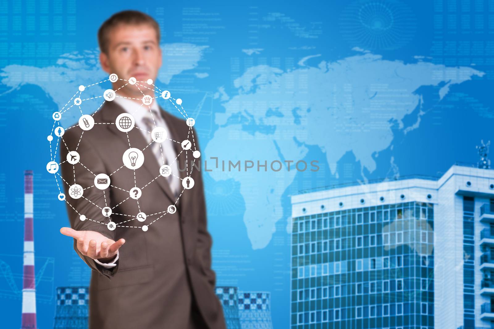 Business man hold cloud icons in hand. Building and world map as backdrop