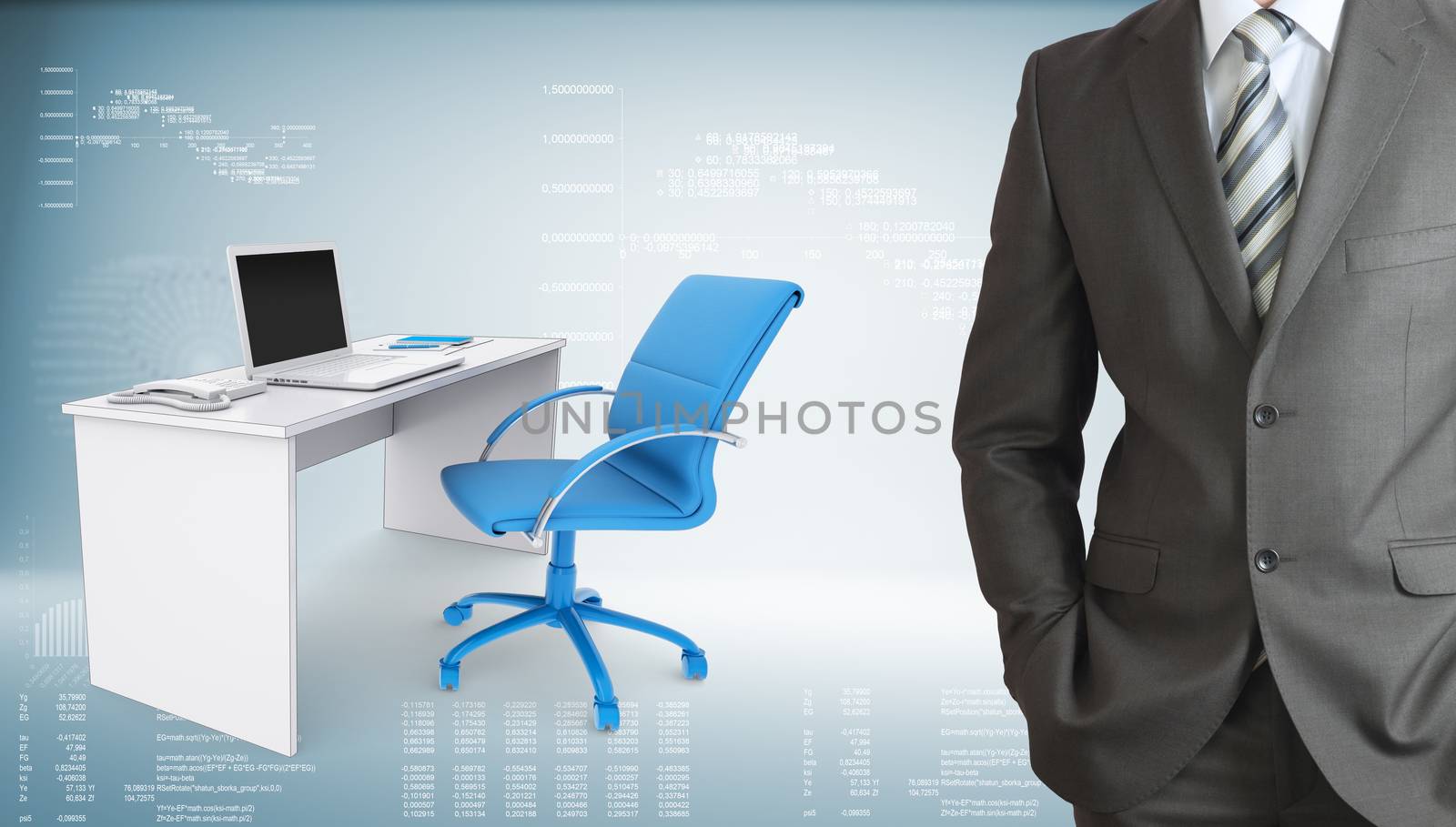 Businessman with office work place. Graphs and texts as backdrop