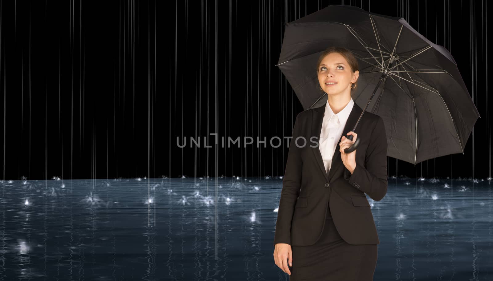 Businesswoman holding umbrella. Rain and surface waters as backdrop