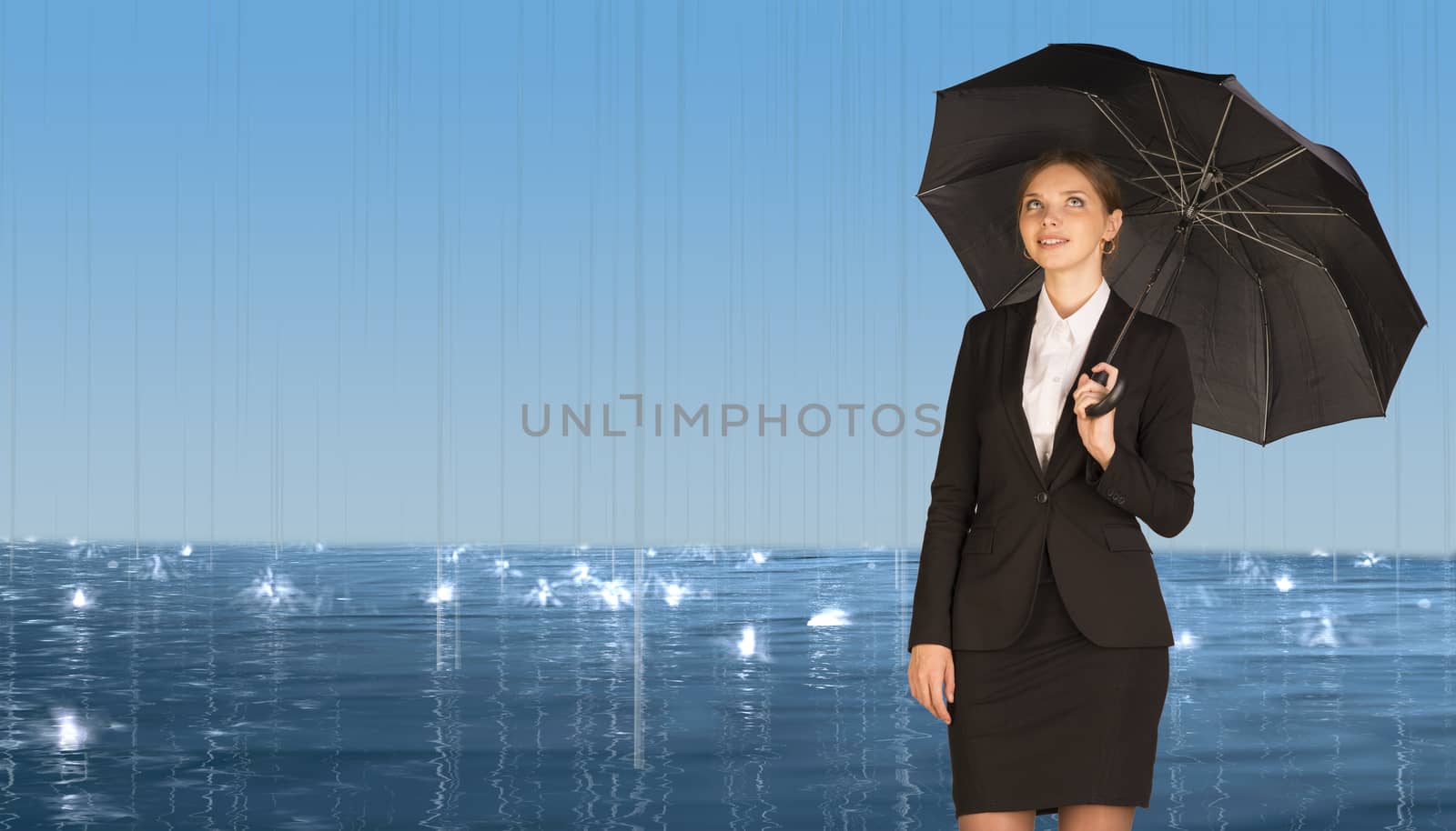 Businesswoman holding umbrella. Rain and surface waters as backdrop