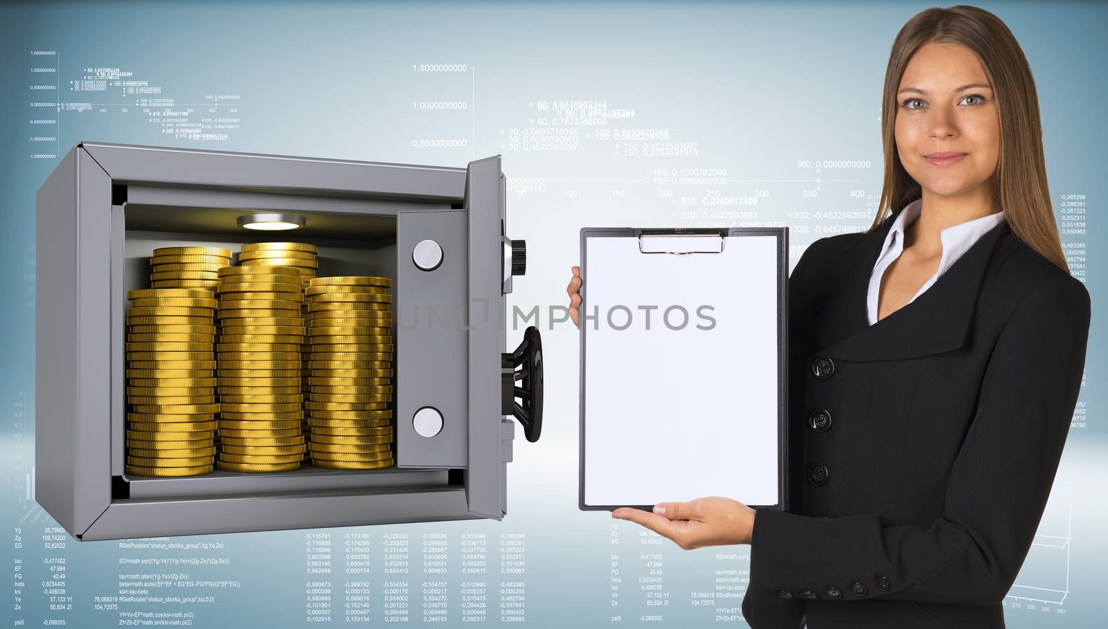 Businesswoman holding paper holder. Safe with gold coins by cherezoff