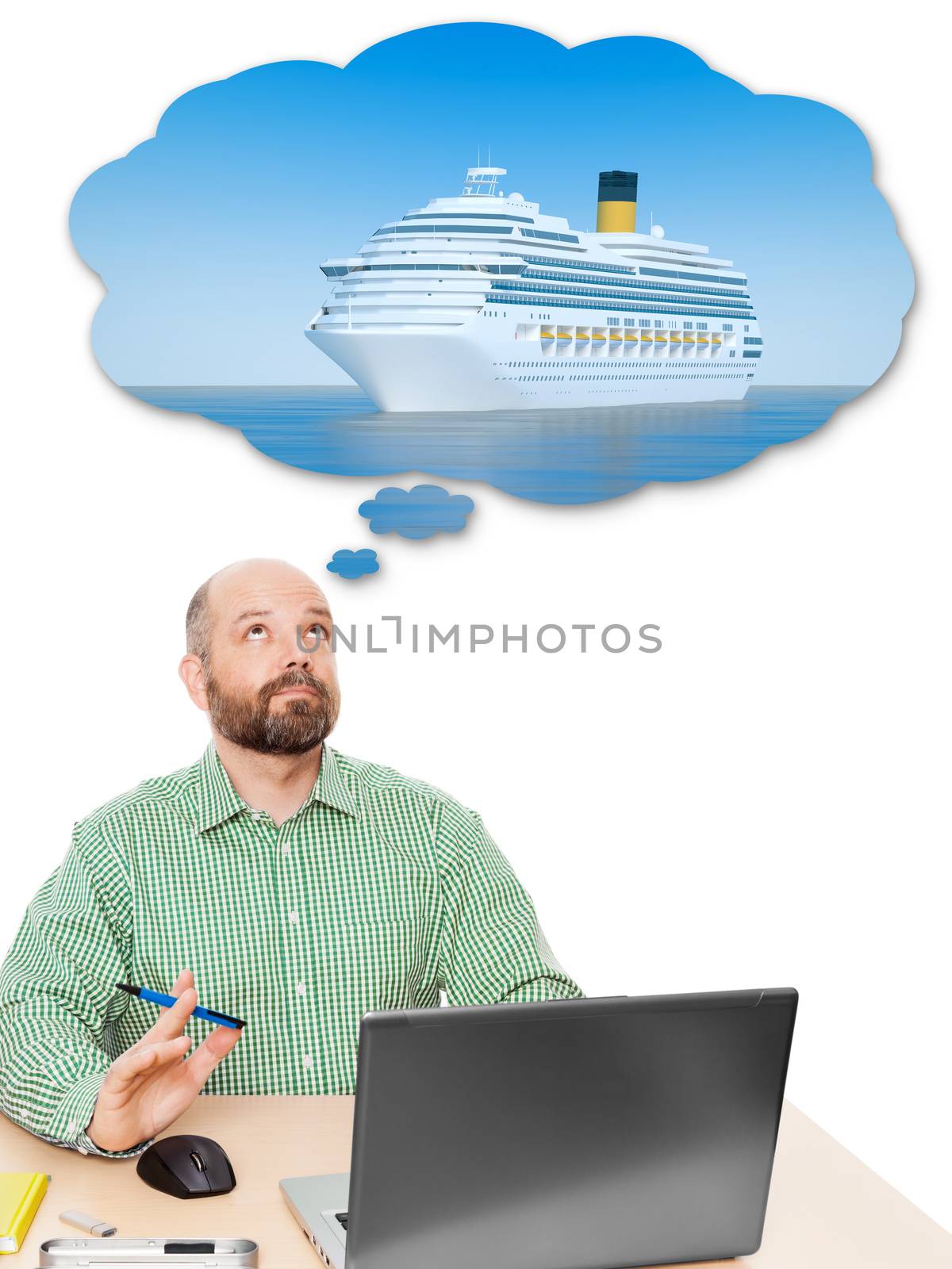 An image of a handsome business man dreaming about a cruise