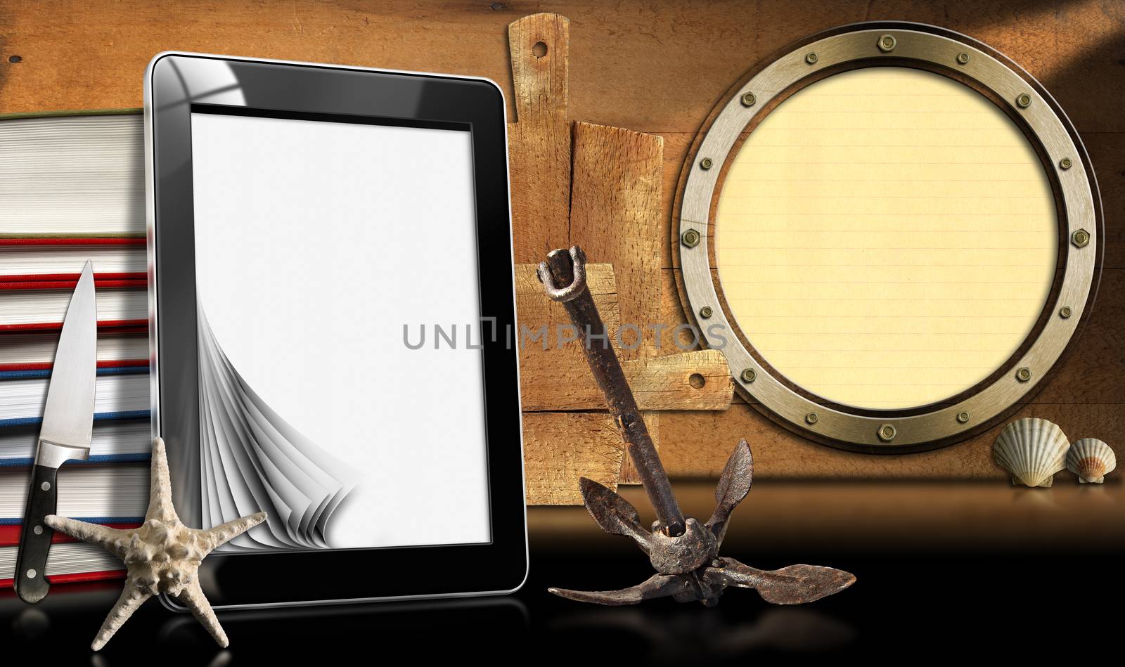 Tablet computer with blank pages and books on wooden wall with porthole, seashells, rusty anchor, starfish and kitchen utensils. Template for recipes or seafood menu