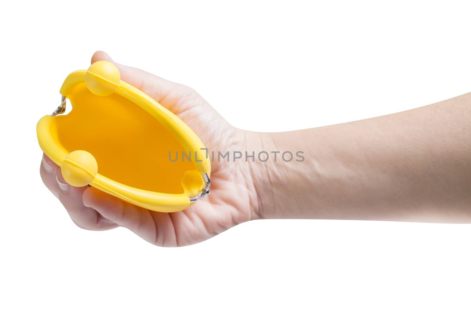 Hand holding an empty coin purse, white background.

