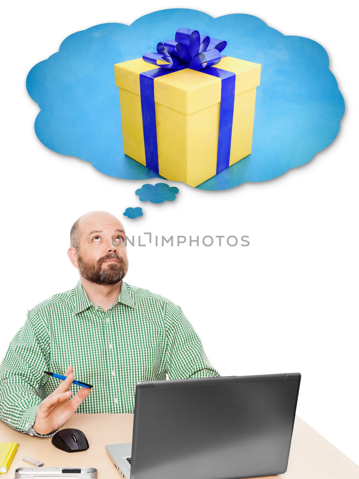 An image of a handsome business man thinking about a present