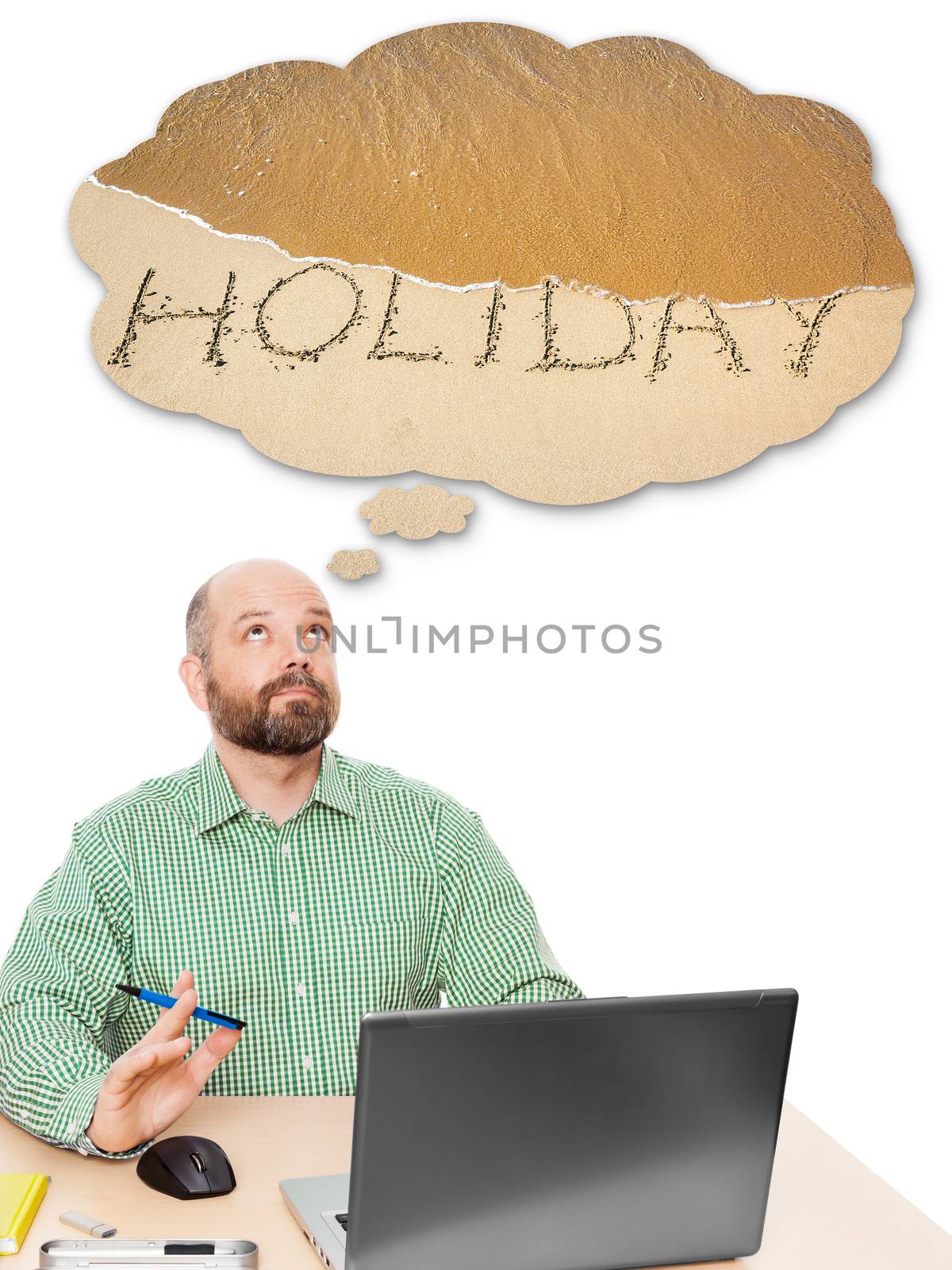 An image of a handsome business man thinking about holidays