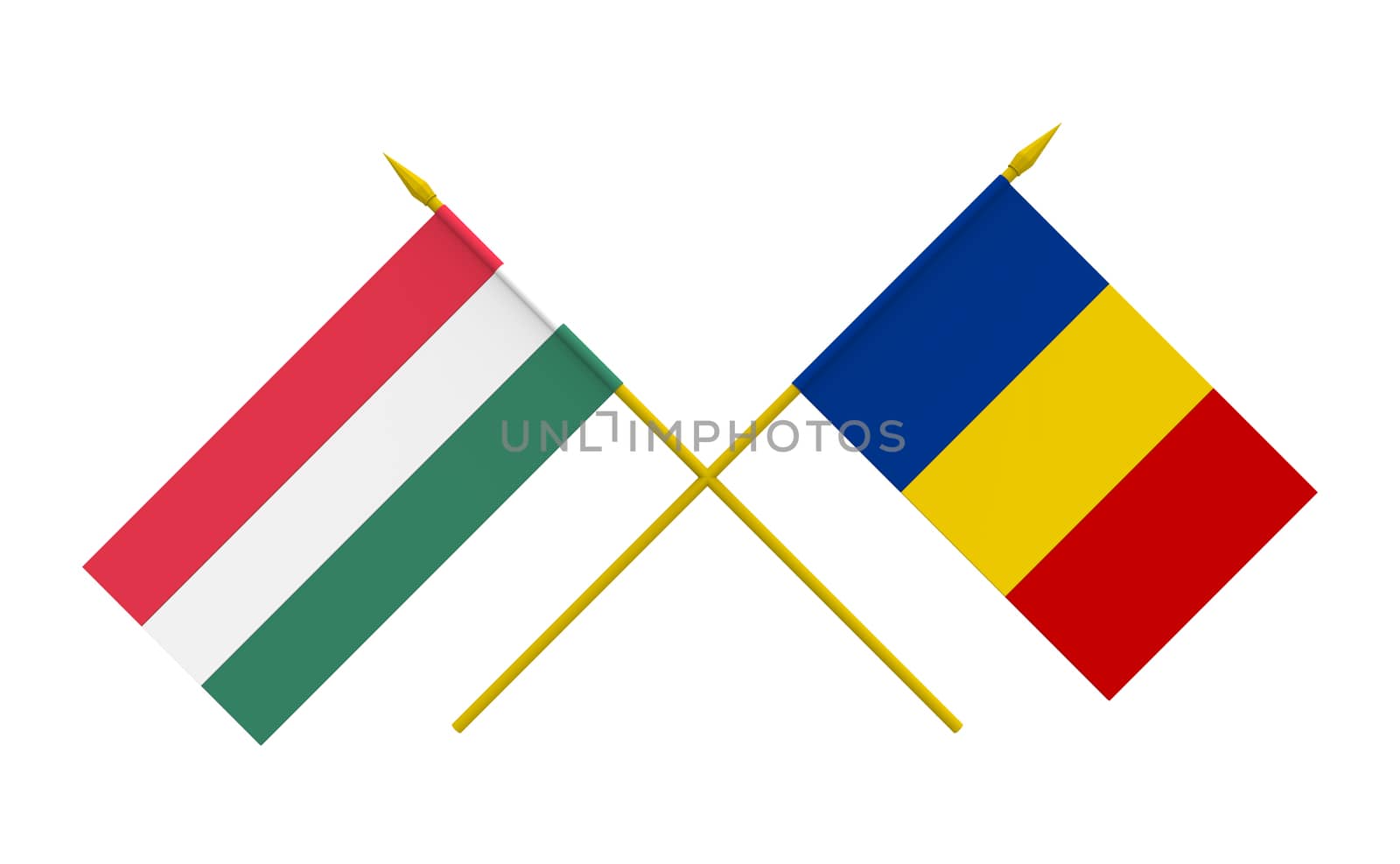 Flags of Hungary and Romania, 3d render, isolated on white