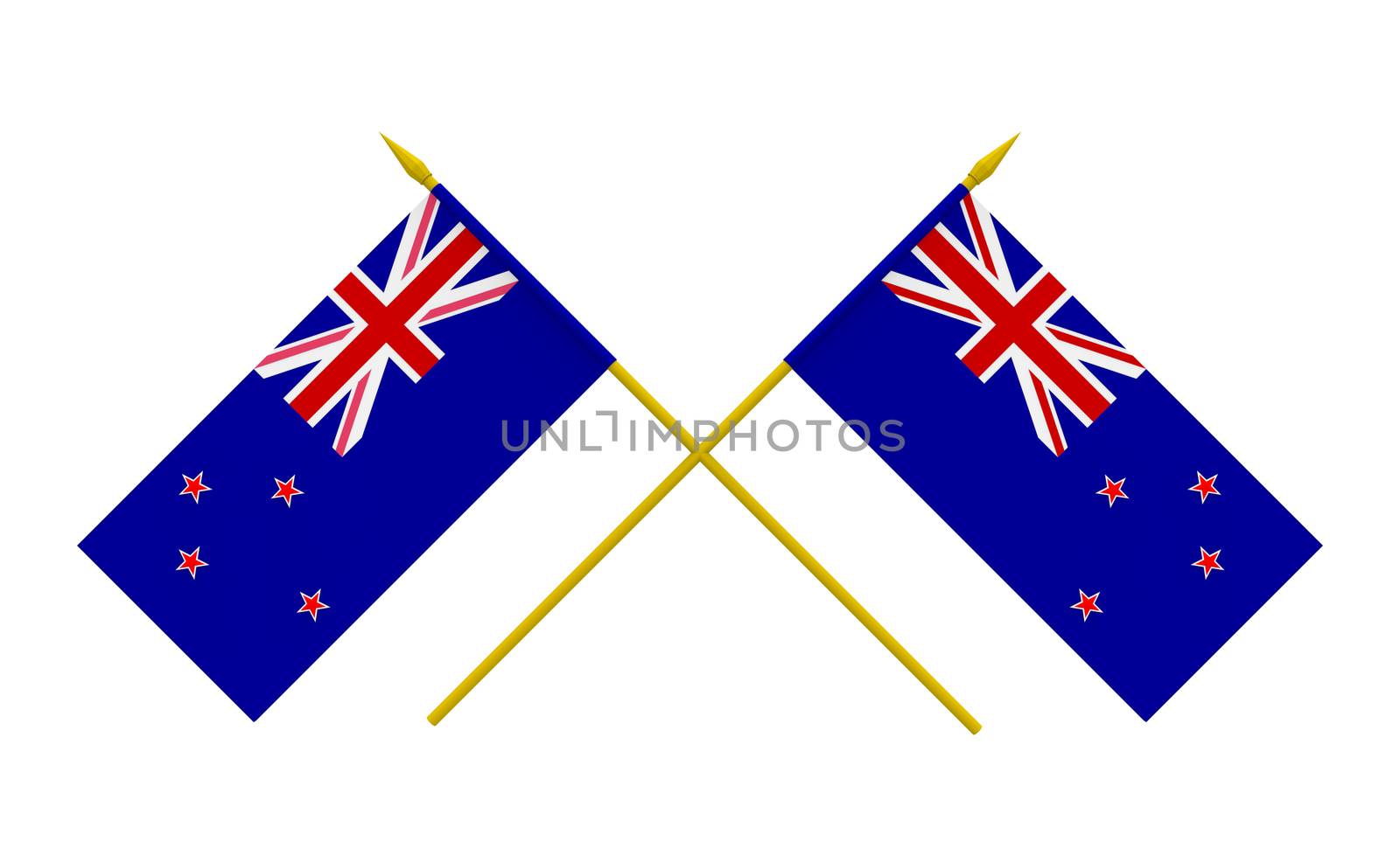 Two crossed flags of New Zealand, 3d render, isolated on white