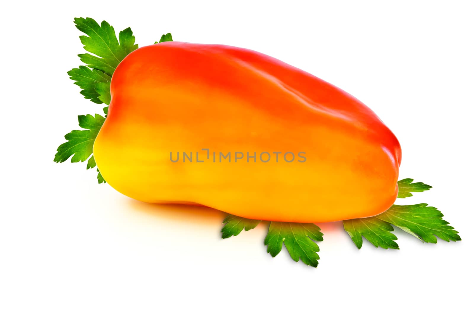 Juicy red and yellow sweet pepper and green parsley leaves on white background