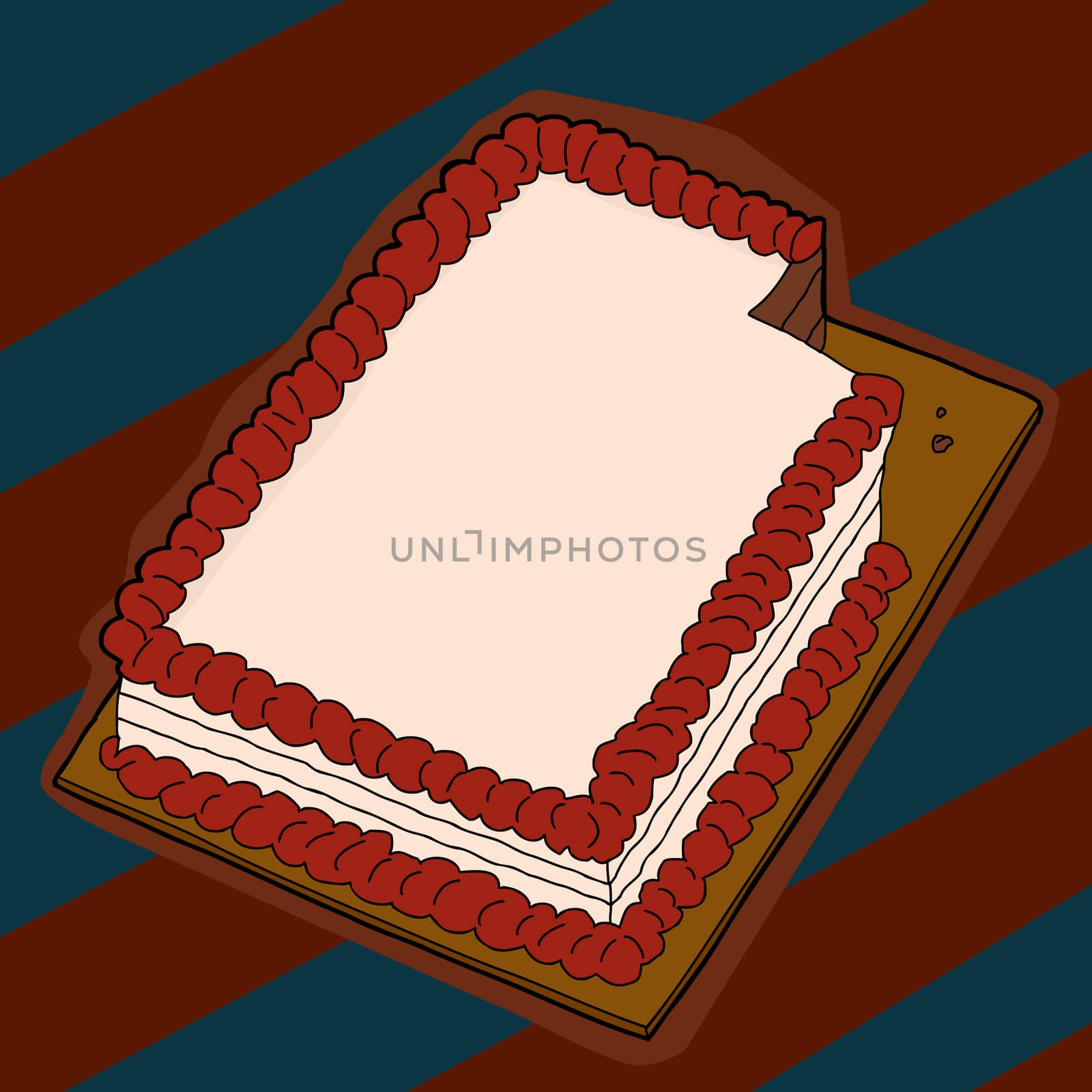 Fancy sheet cake with missing piece over striped background