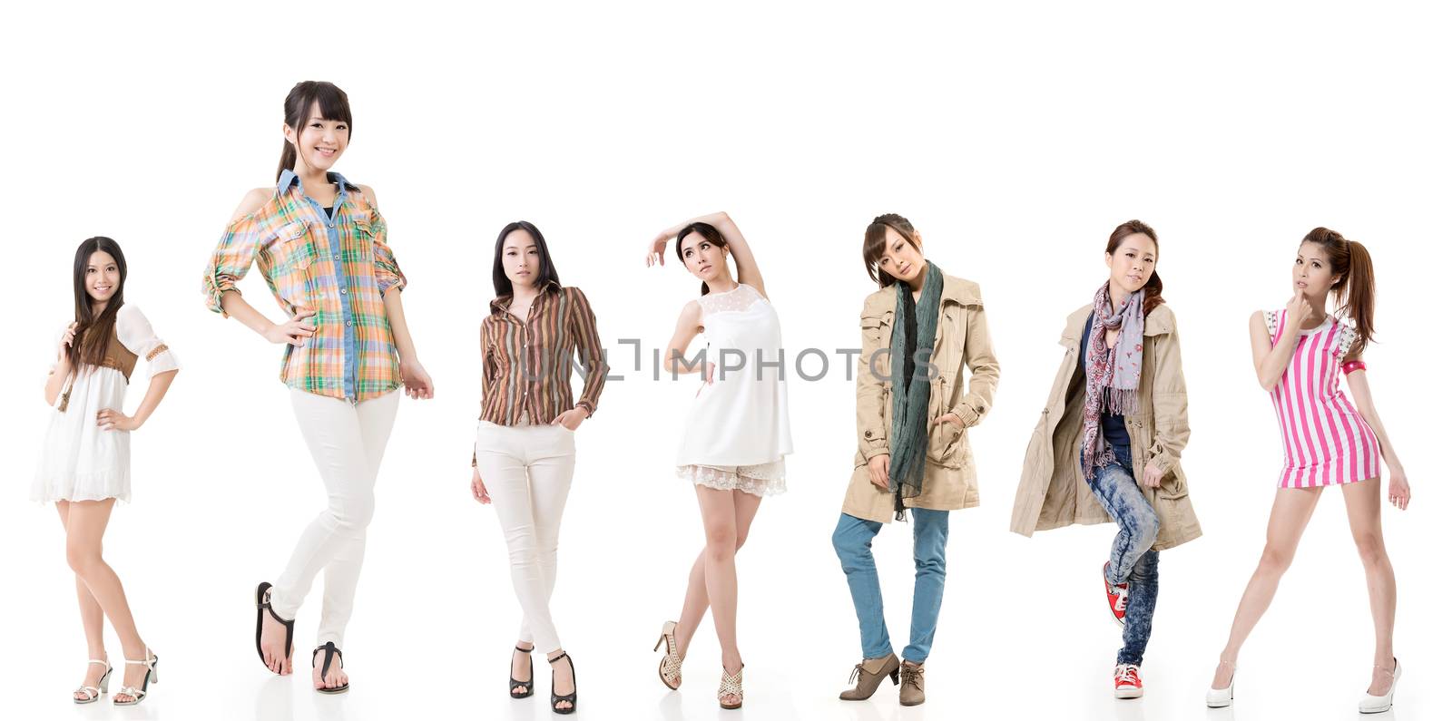 Group of pretty asian women. Isolated on white background.