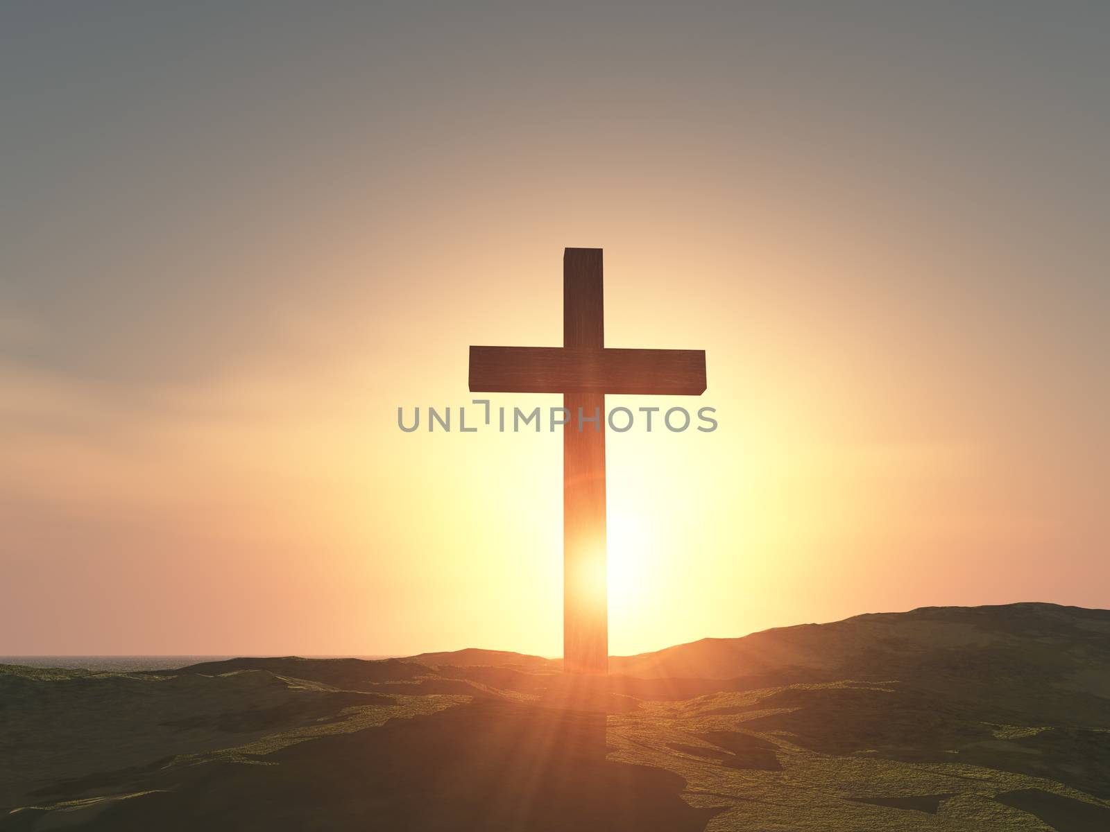 single wooden cross on the mountain in front of sun
