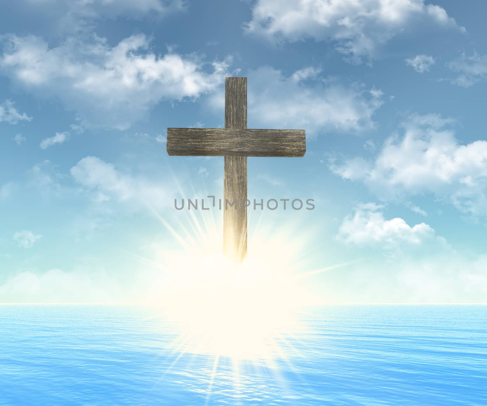 wooden cross in front of sun above the water