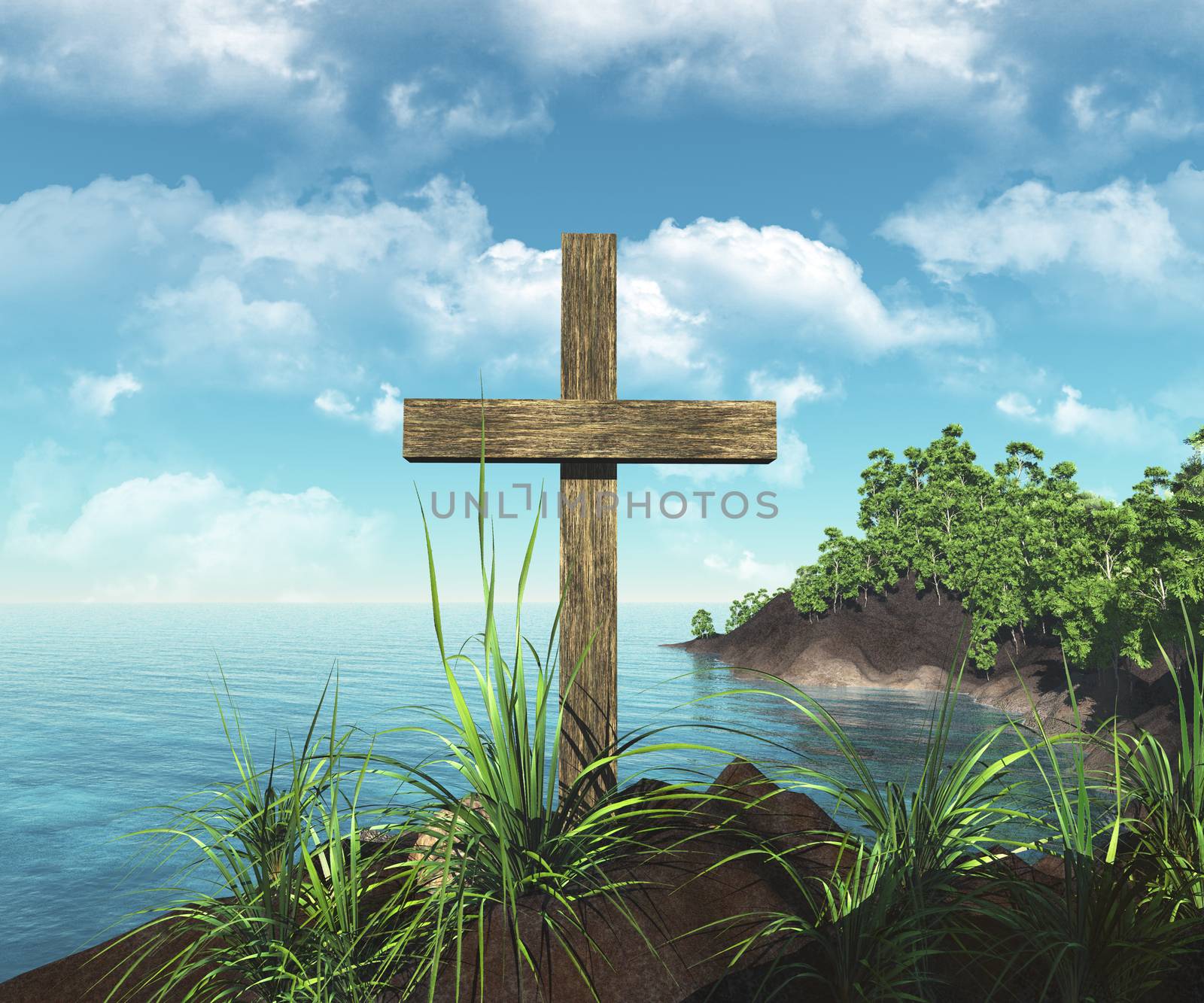 wooden cross on the island with view on the sea







wooden cross in front of sun above the water
