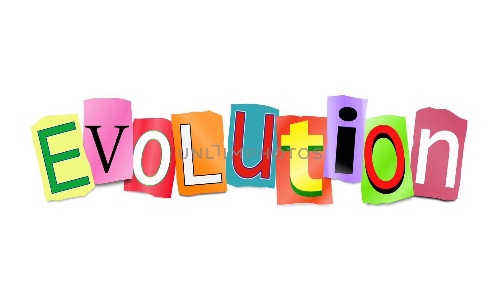 Illustration depicting a set of cut out printed letters arranged to form the word evolution.