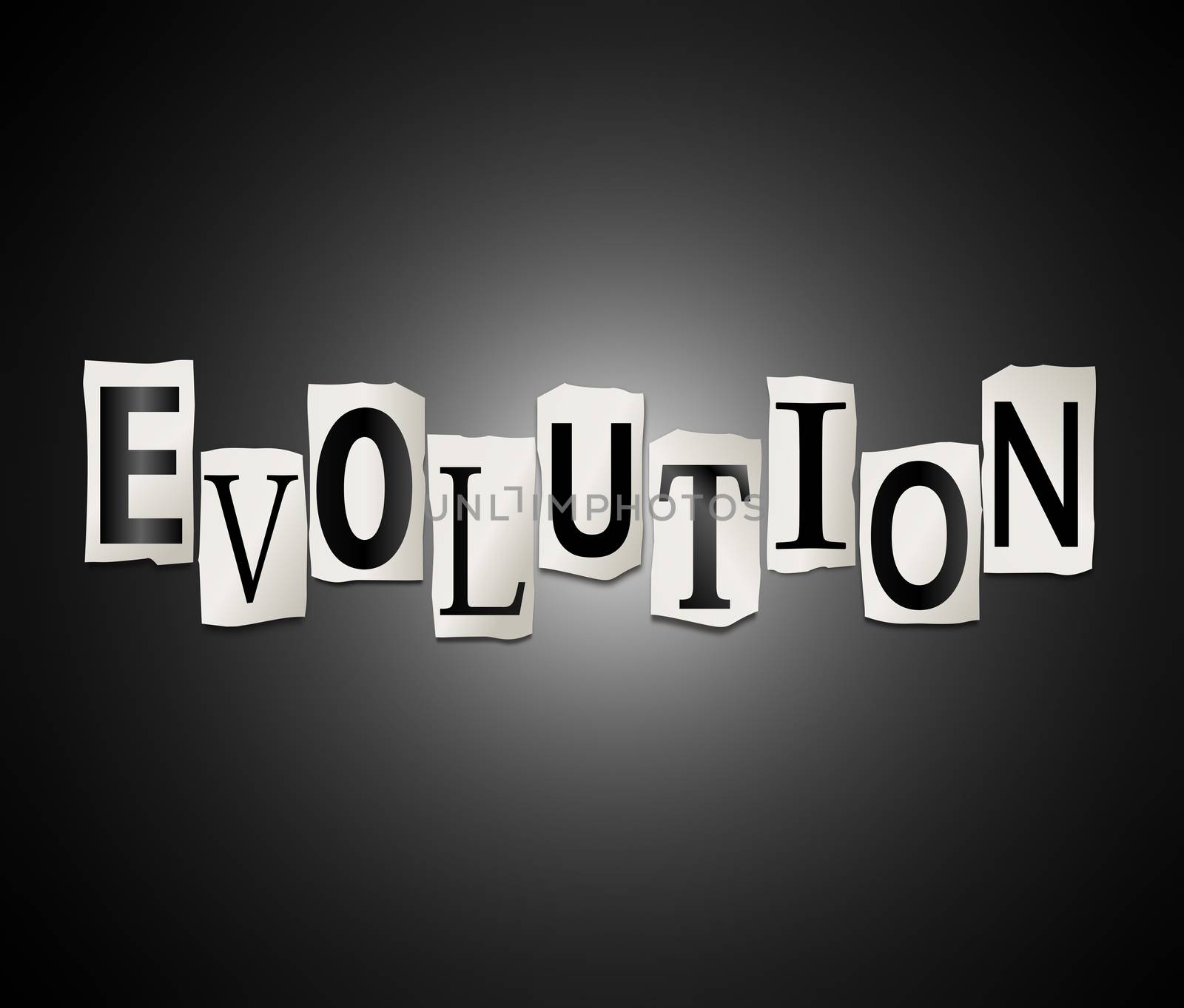 Illustration depicting a set of cut out printed letters arranged to form the word evolution.