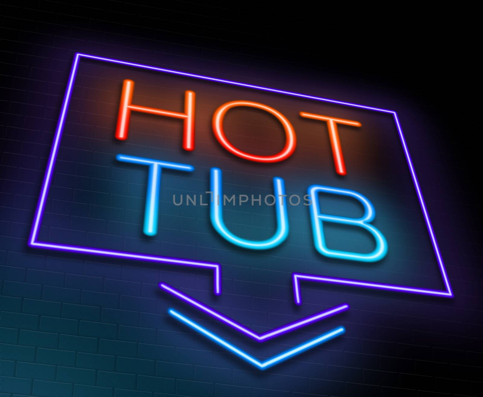 Illustration depicting an illuminated neon sign with a hot tub concept.