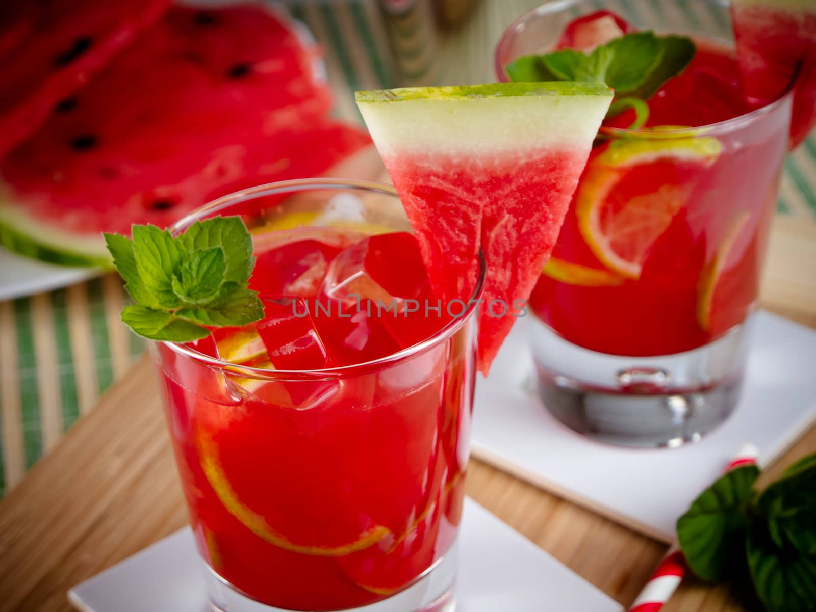 Freshly served watermelon mojito cocktails