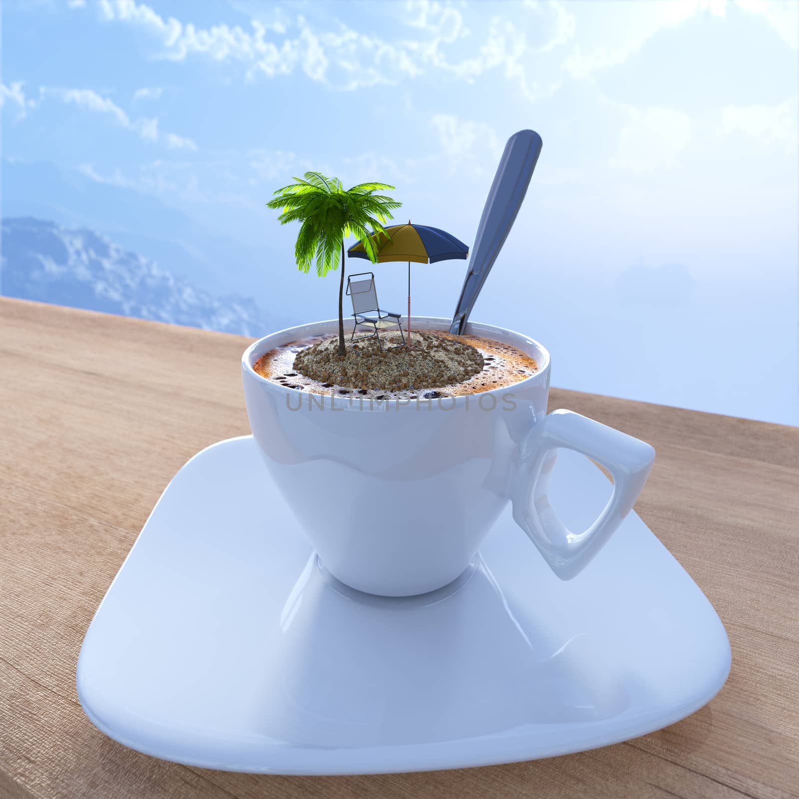 Coffee cup vacation relaxing concept composition with palm and chair