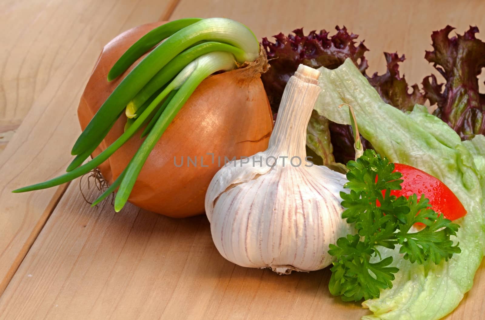 Photo shows details of various vegetable salad ingredients.