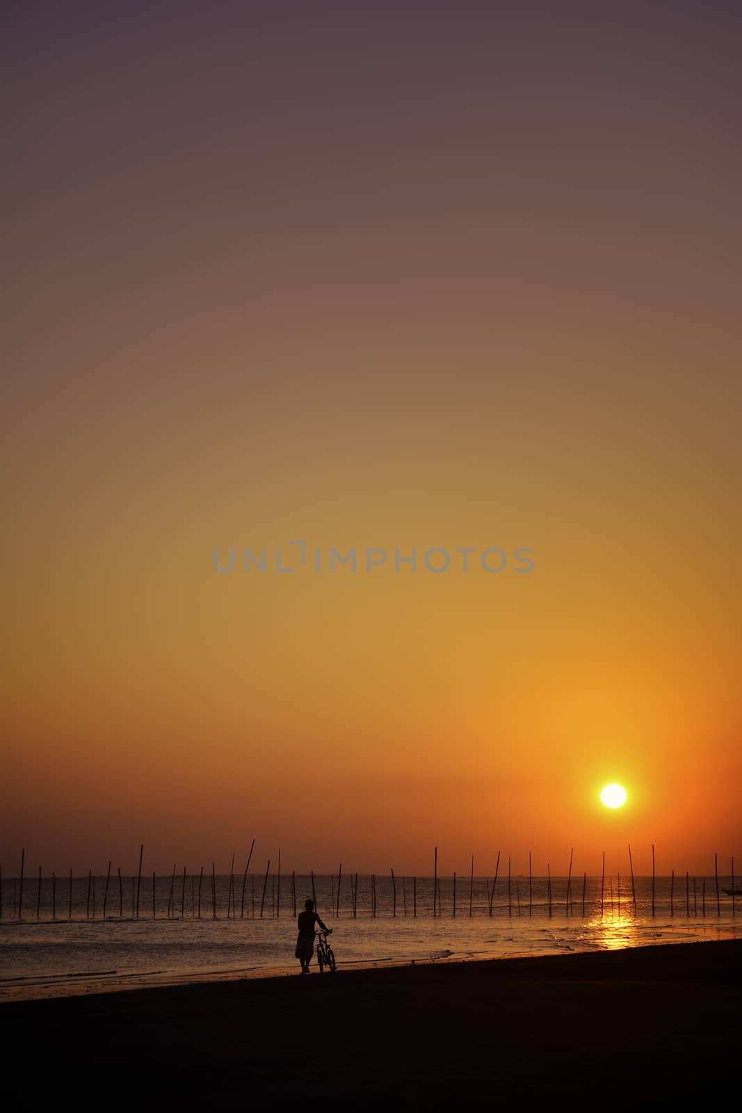 Boy walking bike home along beuatiful sunset beach