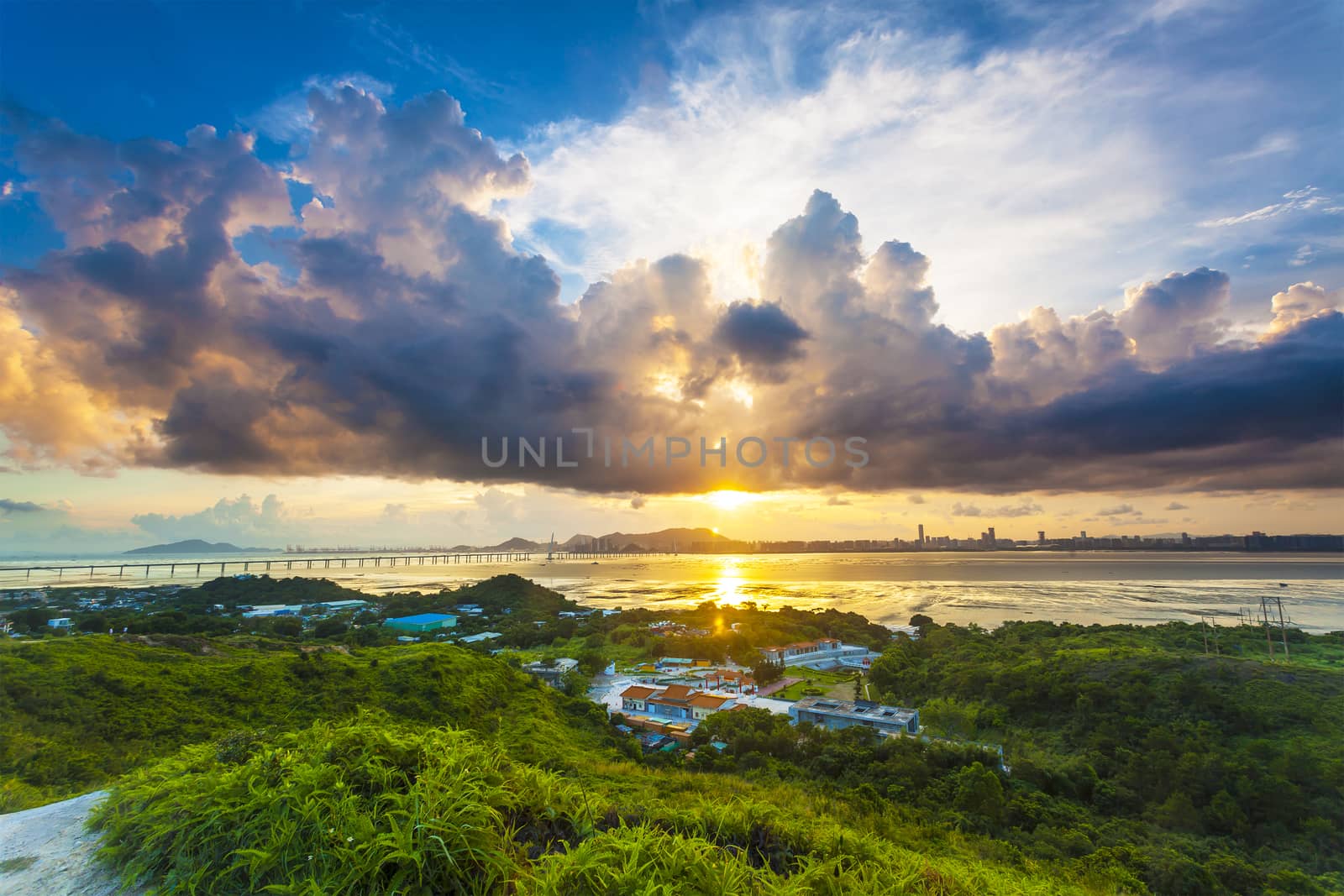 Sunset mountains with modern bridge background