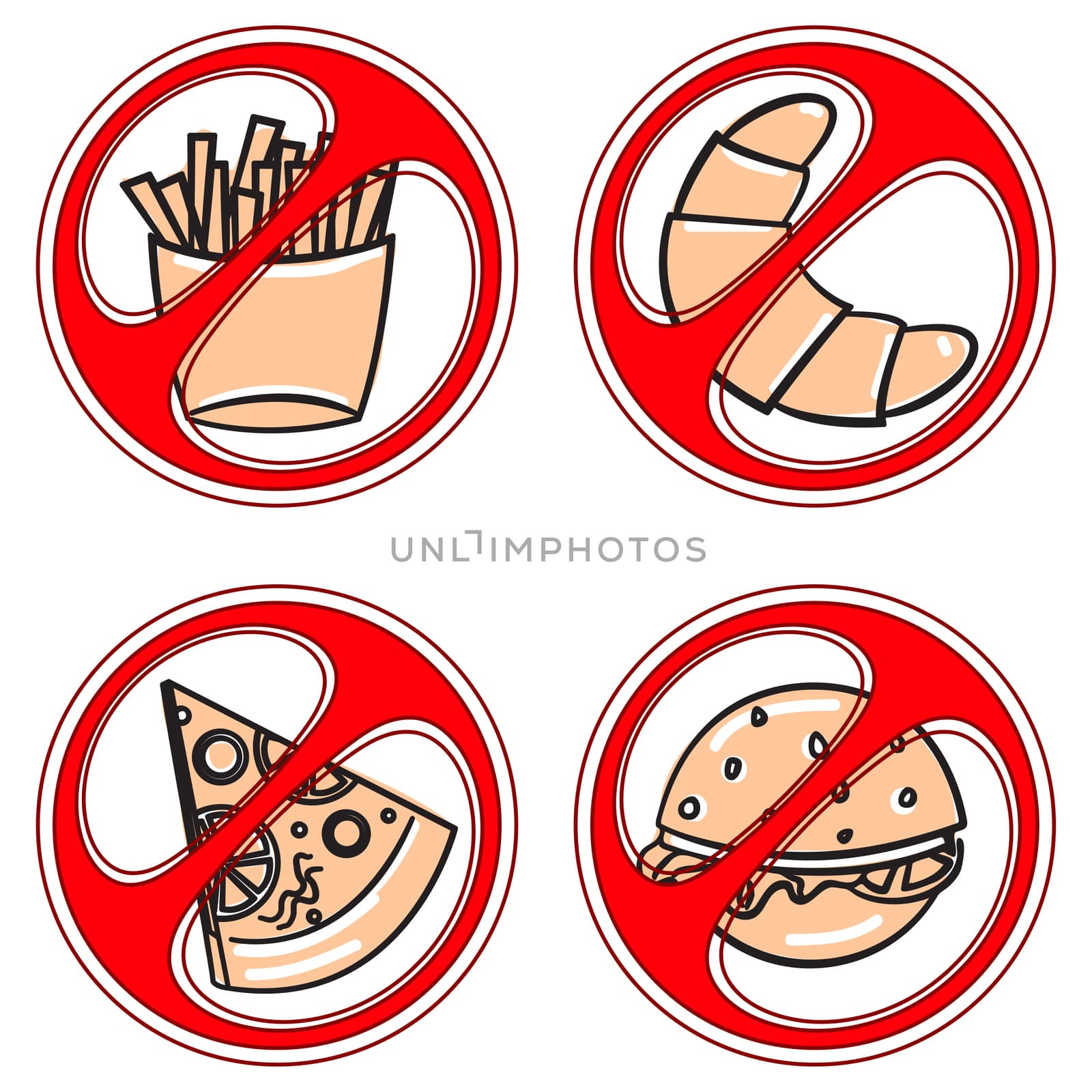 Vector set of signs prohibiting fast food