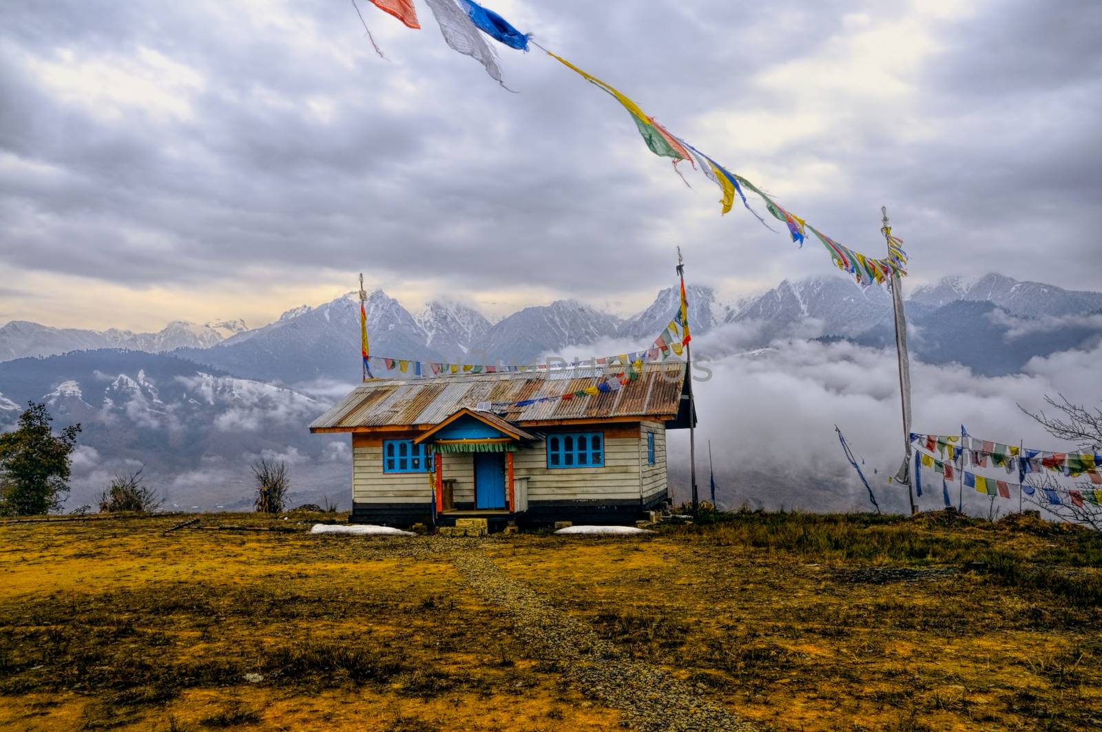 Picturesque house in traditional colours in Arunachal Pradesh, India