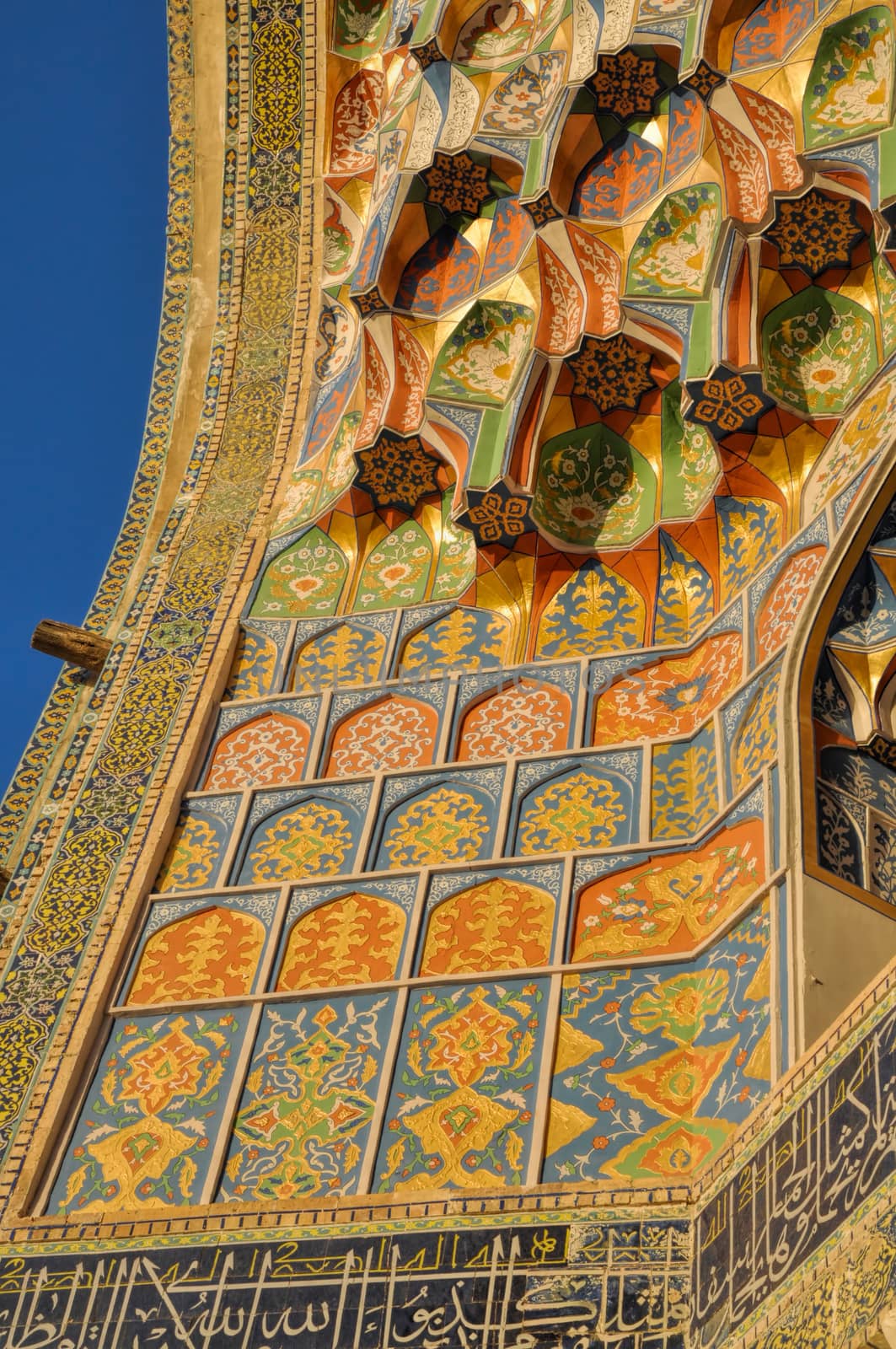 Colorful pattern on the wall of Abdulaziz Khan Madrassah (Museum of Wood Carving Art), Uzbekistan