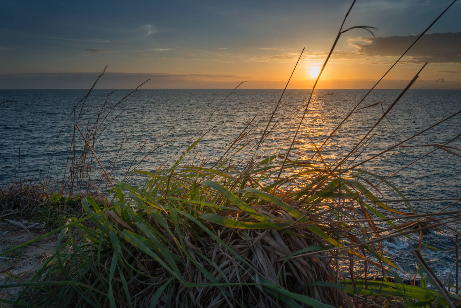 Sunset seascape with grass foreground, At Samed island,THAILAND