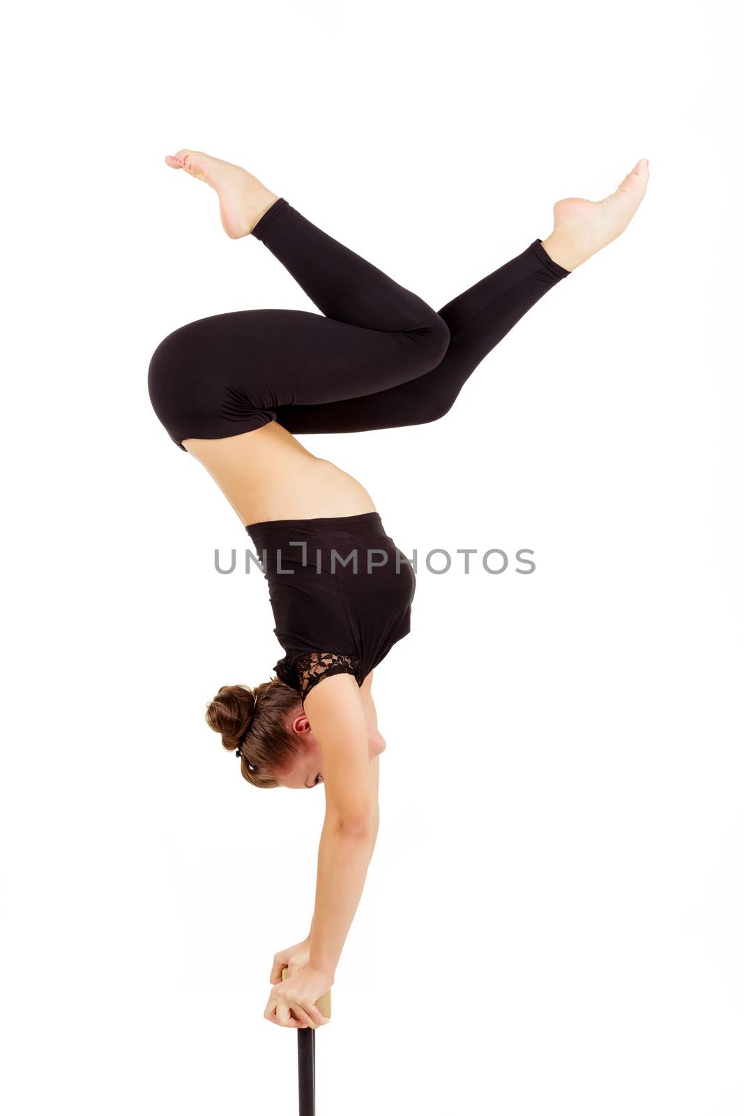 beauty contortionist practicing gymnastic yoga isolated on white background, Young professional gymnast woman