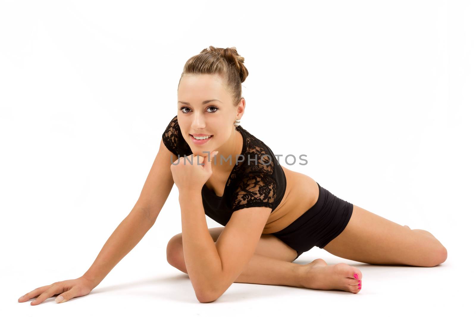 beauty contortionist prepare practicing gymnastic yoga isolated on white background, Young professional gymnast woman