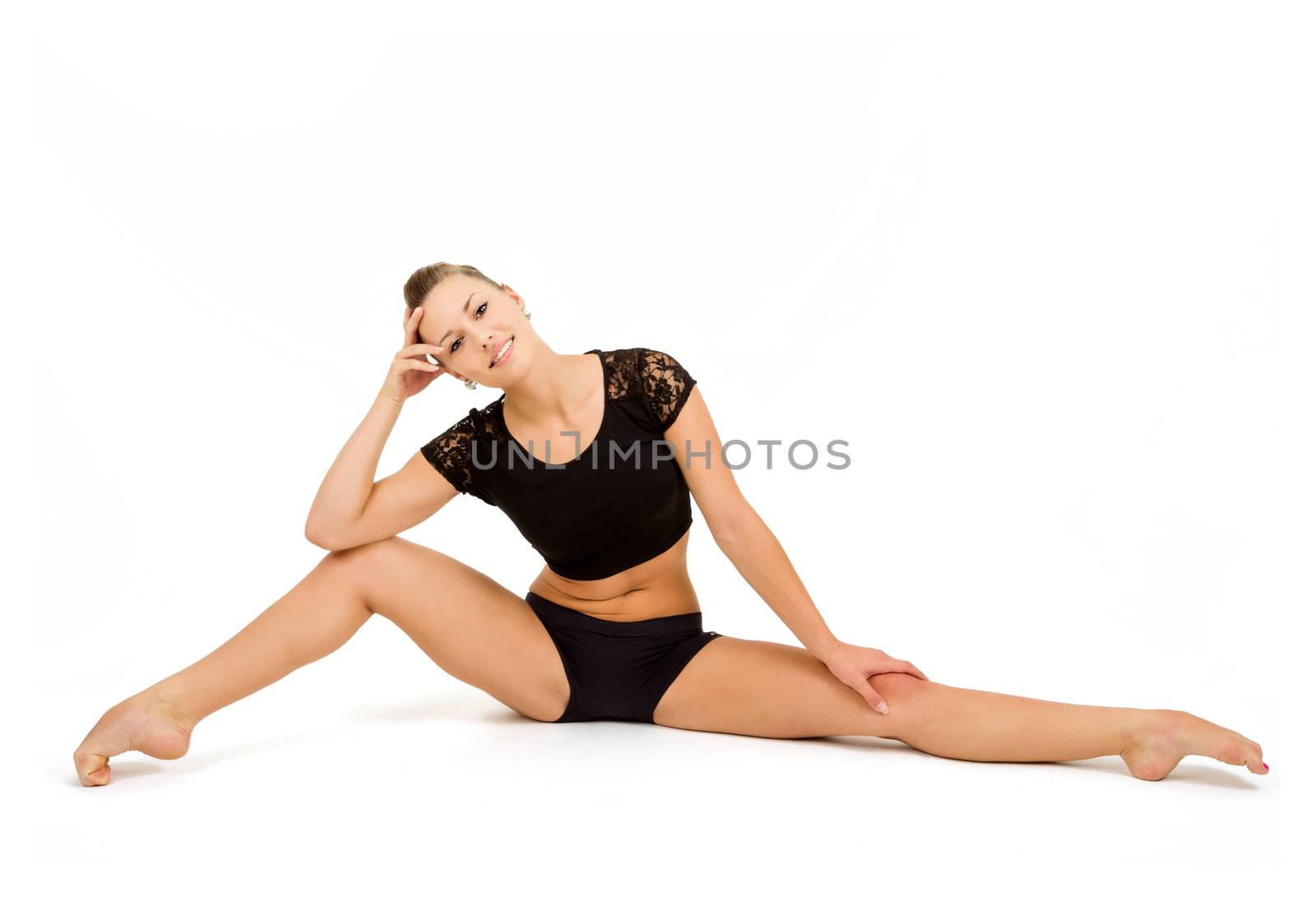 beauty contortionist prepare practicing gymnastic yoga isolated on white background, Young professional gymnast woman